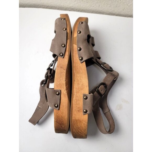 Sanita Taupe Ten Women’s Leather Wooden Sole Sandals Buckle Straps Size 38 US 7 - Picture 7 of 10